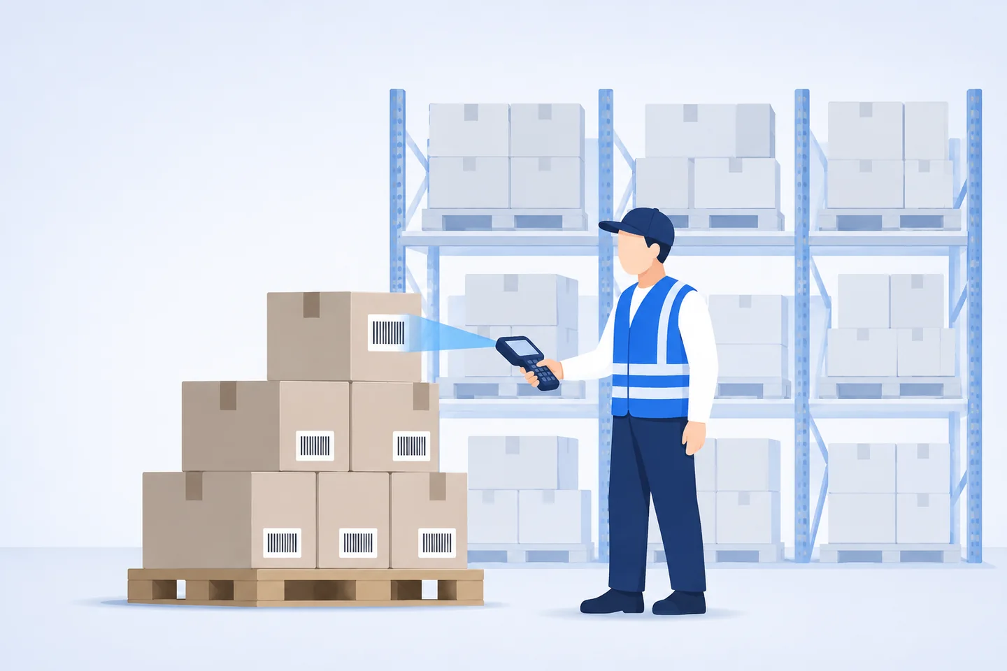 Warehouse worker holds a PDA to scan barcodes on cartons, with shelves full of goods behind him
